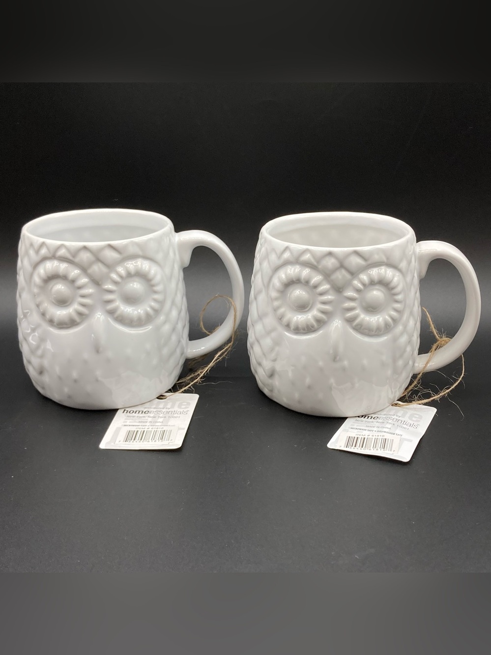 2 Home Essentials Owl Ceramic Coffee Mugs White Embossed 16oz NWT